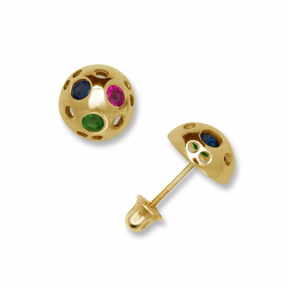 14K Solid Gold Half Ball Shaped Screw Back Stud Earrings Ruby Emerald & Sapphire